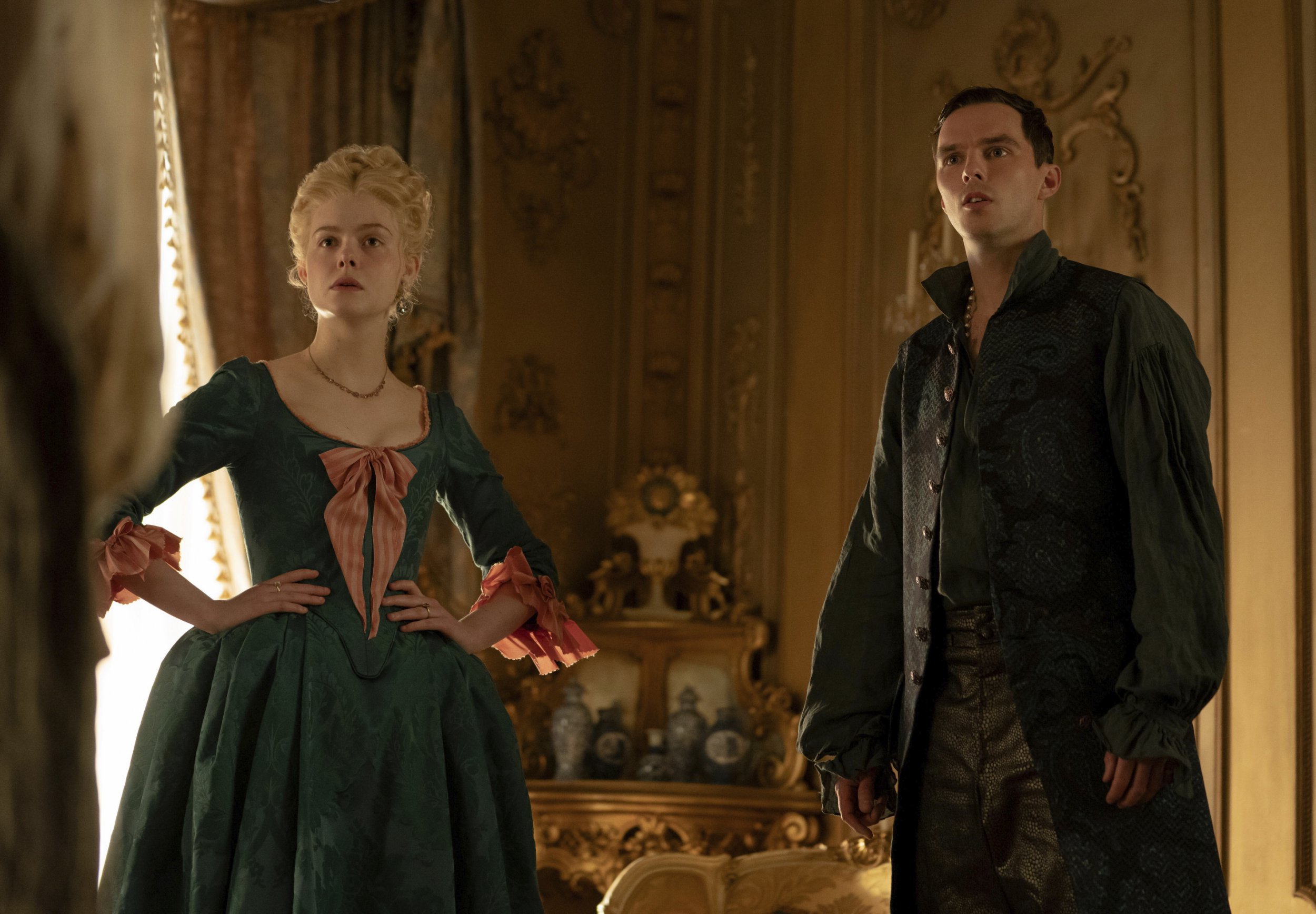 Elle Fanning and Nicholas Hoult in The Great