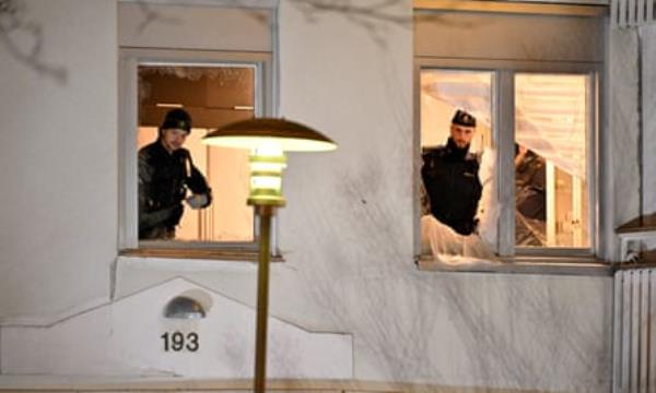 Police at the scene of an explosion at a block of flats in Handen, south of Stockholm on 5 February.